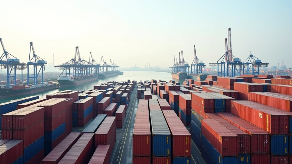 Globale Lieferketten-Netzwerk Visualisierung mit Containerhafen und internationalen Logistikprozessen